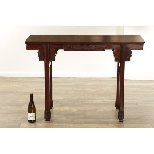 261 - A GOOD 19TH CENTURY CHINESE HARDWOOD ALTAR TABLE with panelled top above a shallow carved frieze; ra... 