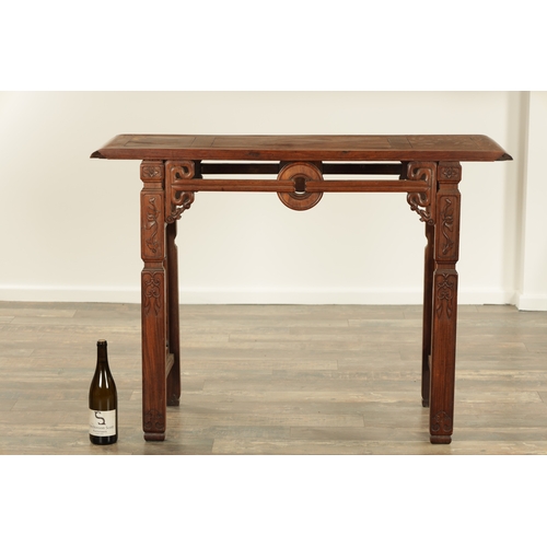 269 - A 19TH CENTURY CHINESE CARVED HARDWOOD ALTAR TABLE WITH TRIPLE BURR PANELLED TOP openwork frieze and... 