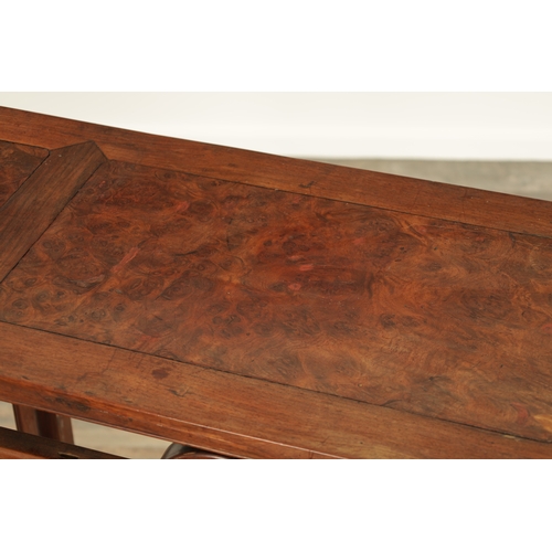 269 - A 19TH CENTURY CHINESE CARVED HARDWOOD ALTAR TABLE WITH TRIPLE BURR PANELLED TOP openwork frieze and... 