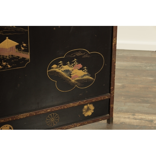 270 - A 19TH CENTURY JAPANESE MEIJI PERIOD LACQUER WORK SCREEN with raised gilt work figures to the panels... 
