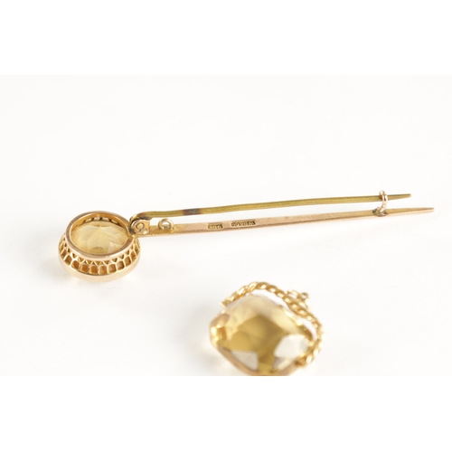 278 - A 9CT GOLD MOUNTED CITRINE TIE PIN AND PENDANT, total weight app. 9.9g. (Tie pin measures 70mm long.... 