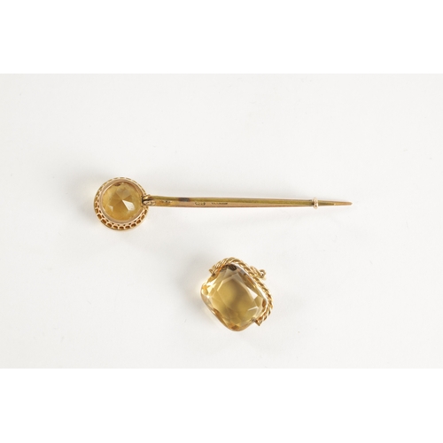 278 - A 9CT GOLD MOUNTED CITRINE TIE PIN AND PENDANT, total weight app. 9.9g. (Tie pin measures 70mm long.... 