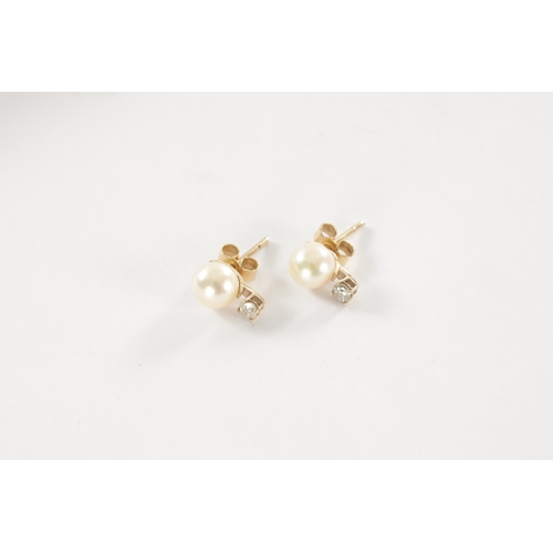 285 - A PAIR OF 9CT GOLD PEARL AND DIAMOND EARRINGS (Each pearl measures 7mm diameter)
