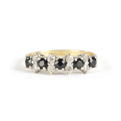 302 - AN 18CT GOLD SAPPHIRE AND DIAMOND RING with five sapphires and eight brilliant-cut diamonds set in w... 