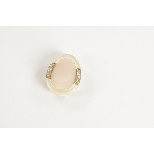 304 - A 9CT GOLD MOUNTED MOTHER OF PEARL AND DIAMOND PENDANT of egg shape with pierced gold frame, total w... 