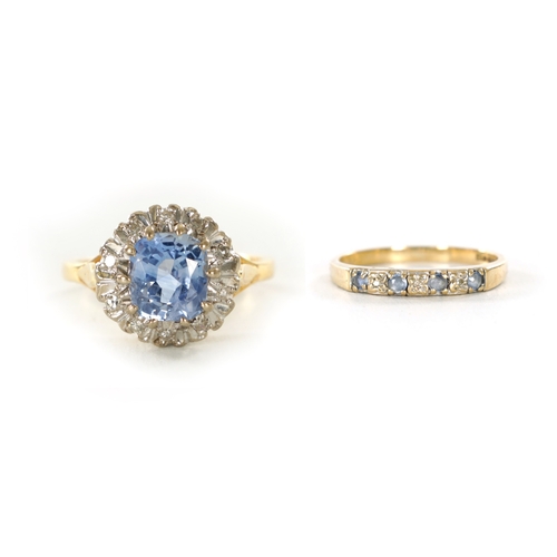 312 - AN 18CT GOLD SAPPHIRE AND DIAMOND RING AND 9CT GOLD SEVEN STONE RING the 18ct ring with a ten diamon... 