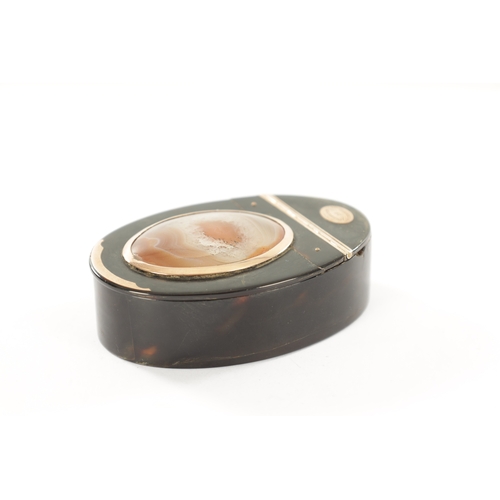 314 - AN EARLY 19TH CENTURY GOLD MOUNTED AGATE AND TORTOISESHELL SNUFF BOX With oval cartouche inscribed 