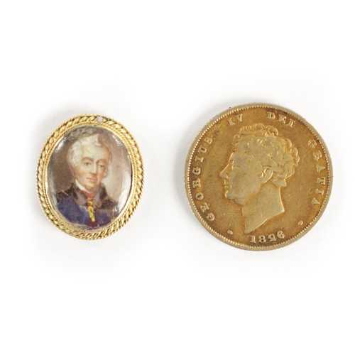 321 - A19TH CENTURY MINIATURE ENAMEL PORTRAIT OF AN OFFICER Together with a Regency silver-gilt coin. (2) ... 