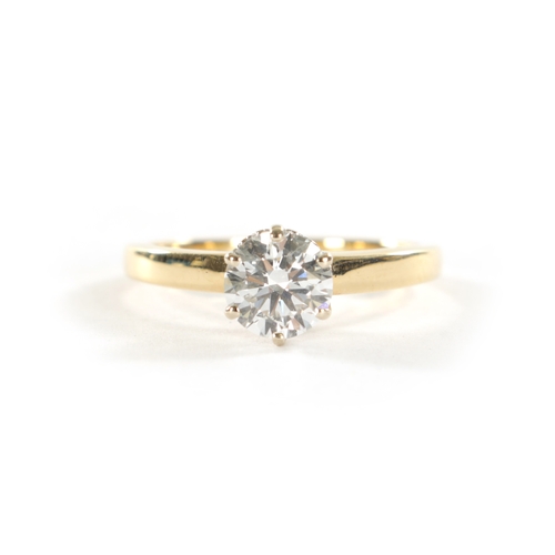 332 - A LADIES 18CT GOLD DIAMOND SOLITAIRE RING with brilliant cut 1.19ct diamond, VVS2, colour E, ring si... 