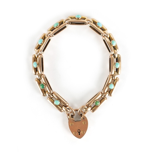 340 - A 9CT ROSE GOLD AND TURQUOISE BRACELET Having ten turquoise cabochons and a heart-shaped locket clas... 