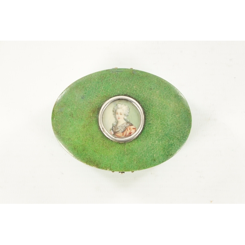 341 - A 19TH CENTURY SHAGREEN LIDDED OVAL BOX the hinged lid with painted portrait of a lady within silver... 