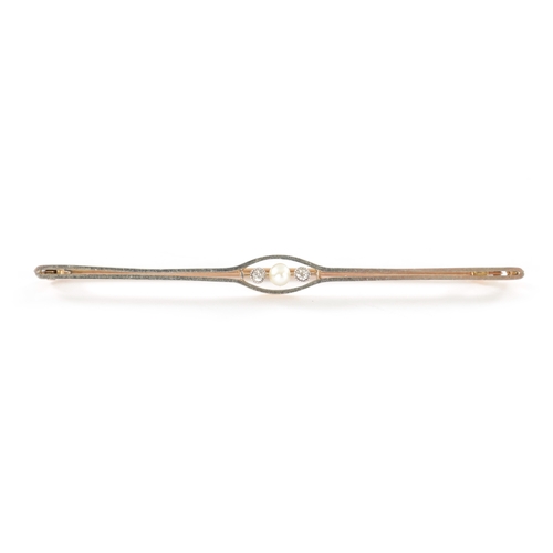 345 - A 15CT GOLD AND WHITE GOLD PEARL AND DIAMOND BAR BROOCH Total weight app. 3.4g (68mm wide)