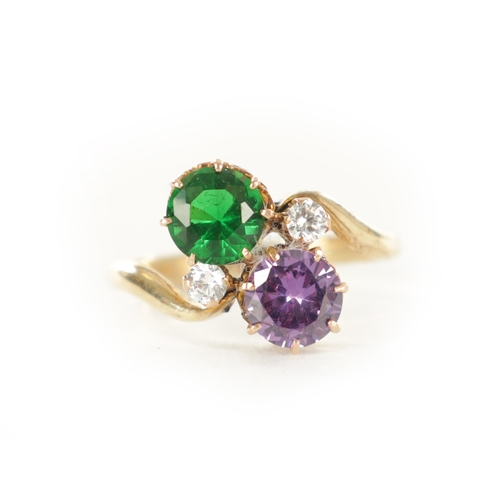 346 - A LADIES 9CT GOLD AMATHYST AND EMERALD RING each stone app. 1ct each, total weight 2.9g. Ring size P... 