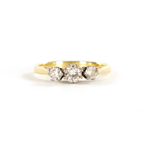 347 - AN 18CT GOLD THREE STONE DIAMOND RING In white gold claw setting, total weight app. 3g. Ring size O/... 