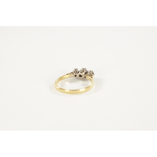 347 - AN 18CT GOLD THREE STONE DIAMOND RING In white gold claw setting, total weight app. 3g. Ring size O/... 