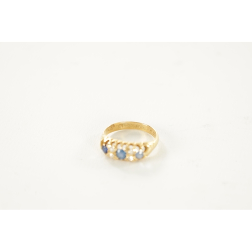 348 - A LADIES VINTAGE 18CT GOLD DIAMOND AND SAPPHIRE RING Set with diamonds and three sapphires on claw s... 