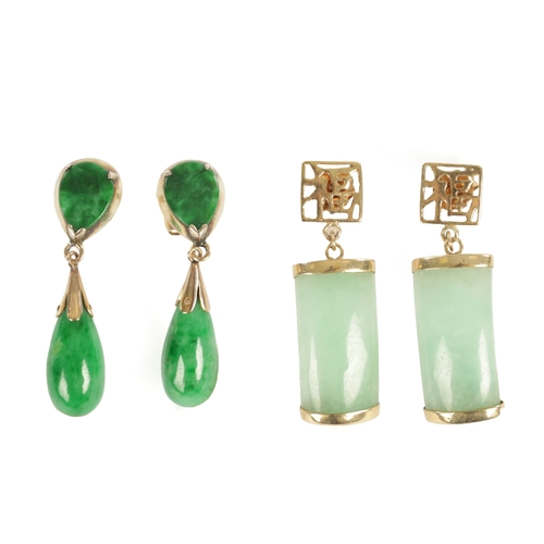 355 - TWO PAIRS OF GOLD AND JADE DROPLET EARRINGS total weight app. 7.5g