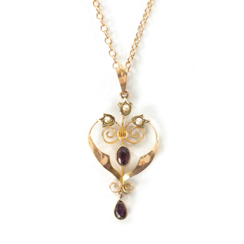 361 - AN ART NOUVEAU 9CT GOLD PEARL AND AMETHYST PENDANT ON MATCHING CHAIN With scrollwork frame and pear ... 