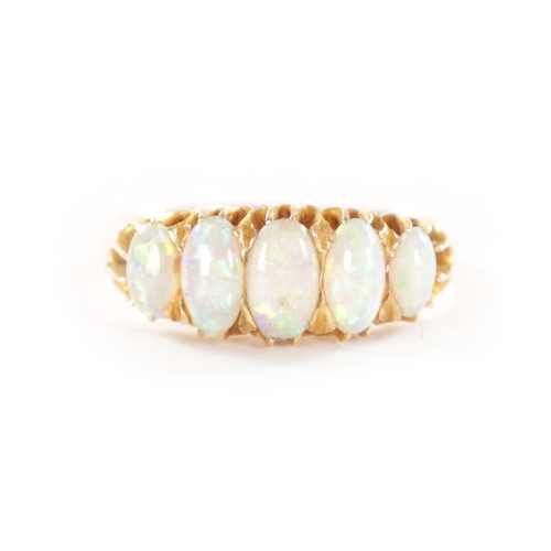 362 - AN 18CT GOLD OPAL RING FIVE STONE With graduated cabochon opals, total weight app. 4g. Ring size K/L