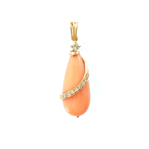 364 - A CORAL, DIAMOND AND 18CT GOLD PENDENT The coral pear drop has a gold band set with brilliant-cut di... 