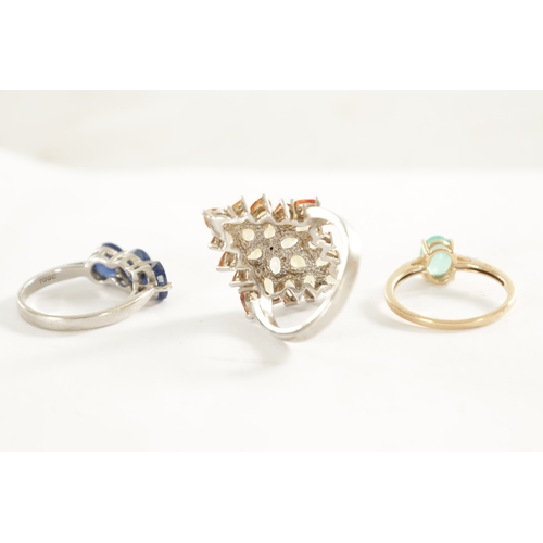 374 - A COLLECTION OF THREE LADIES RINGS, a three-stone sapphire and silver ring with certificate, 5.94ct,... 