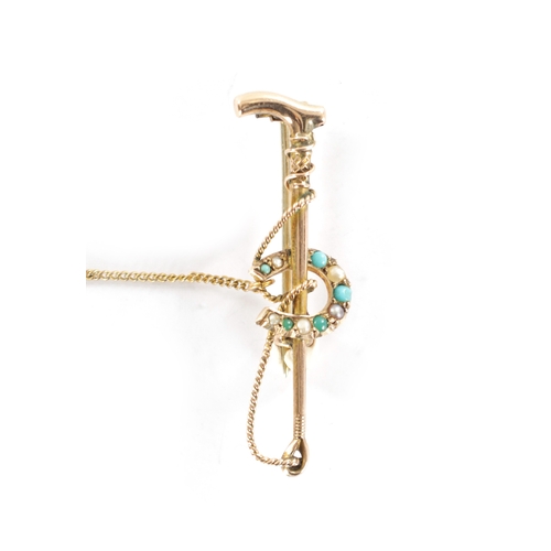 378 - AN EQUESTRIAN 9CT GOLD TURQUOISE AND PEARL BROOCH Modelled as a riding crop and horseshoe with safet... 