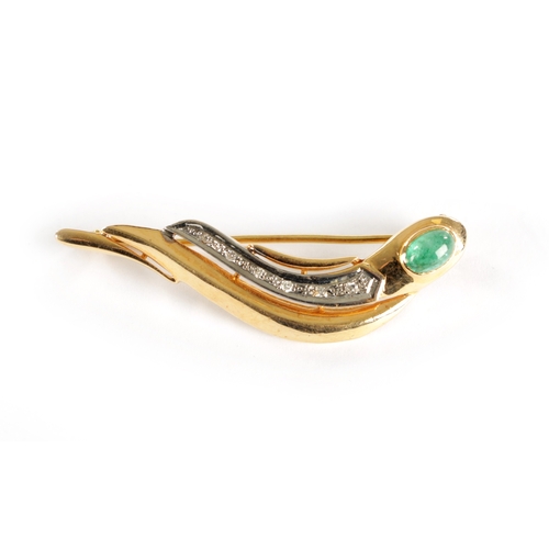 379 - AN 18CT GOLD EMERALD AND DIAMOND BROOCH Having six diamonds set in white gold and a cabochon emerald... 