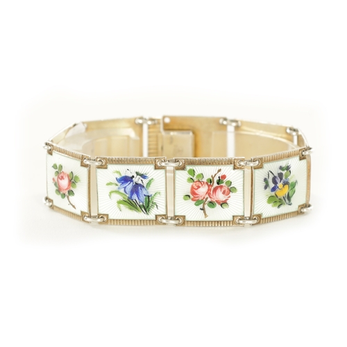 390 - NORWEGIAN SILVER AND GUILLOCHE ENAMEL BRACELET, each square link painted with various flowers. (19cm... 