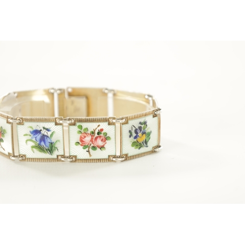 390 - NORWEGIAN SILVER AND GUILLOCHE ENAMEL BRACELET, each square link painted with various flowers. (19cm... 