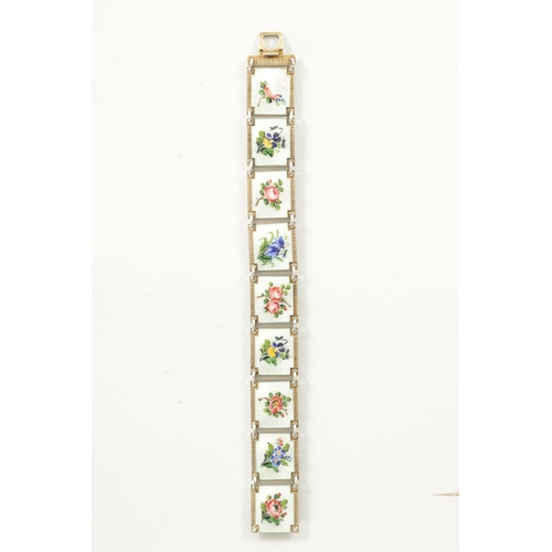 390 - NORWEGIAN SILVER AND GUILLOCHE ENAMEL BRACELET, each square link painted with various flowers. (19cm... 