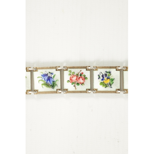 390 - NORWEGIAN SILVER AND GUILLOCHE ENAMEL BRACELET, each square link painted with various flowers. (19cm... 