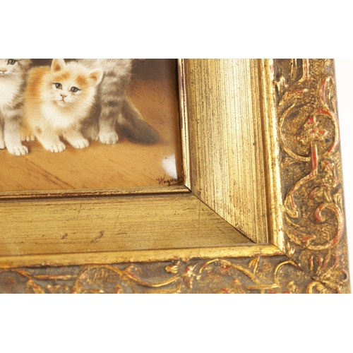 40 - A LATE 19TH CENTURY BERLIN KPM PORCELAIN PLAQUE SIGNED WAGNER Four kittens sitting on a wooden floor... 