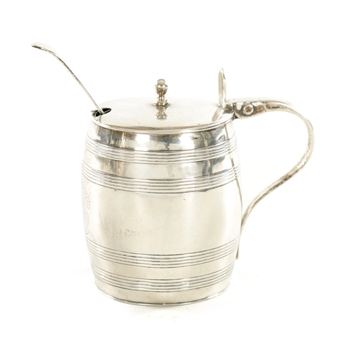 403 - A LATE GEORGE III SILVER MUSTARD POT FORMED AS BARREL with hinged lid glass liner and shaped handle.... 