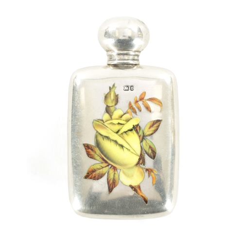 407 - A 19TH CENTURY SILVER AND ENAMEL SCENT BOTTLE of rectangular shape decorated with leafing flowerhead... 