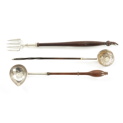 411 - TWO LARGE 18TH CENTURY SILVER FORK AND POURING LADLE together with a George IV commemorative ladle w... 