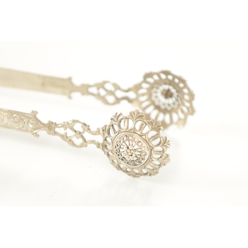 419 - A SET OF 19TH CENTURY PERSIAN SILVER SUGAR/CAKE TONGS with pierced engraved design and filigree spoo... 