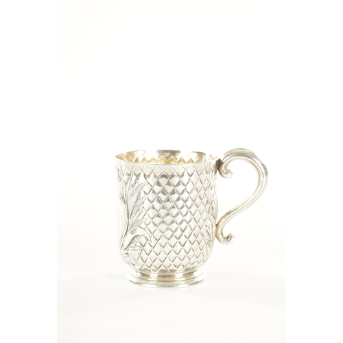 422 - A VICTORIAN SILVER FOOTED MUG with chequered diamond body and scroll handle by Edward Ker Reid, Lond... 