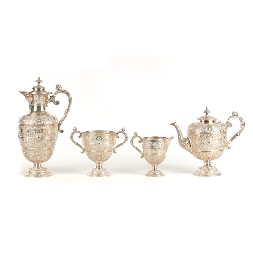 433 - A FINE QUALITY VICTORIAN SILVER FOUR-PIECE TEA SERVICE the Cellini pattern having embossed masks, an... 