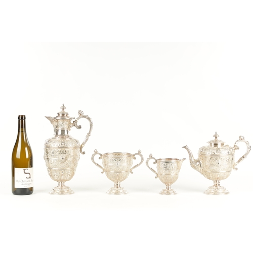 433 - A FINE QUALITY VICTORIAN SILVER FOUR-PIECE TEA SERVICE the Cellini pattern having embossed masks, an... 