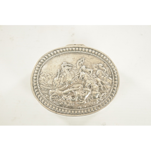 443 - A SMALL 19TH CENTURY DUTCH SILVER OVAL TRINKET BOX embossed with figural farming scenes to the rim, ... 