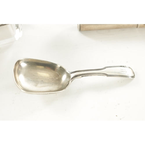 447 - A GEORGIAN CADDY SPOON, TODDY LADLE, SILVER PEN HOLDER AND SILVER-TOPPED GLASS TRAY (Glass tray 15.5... 