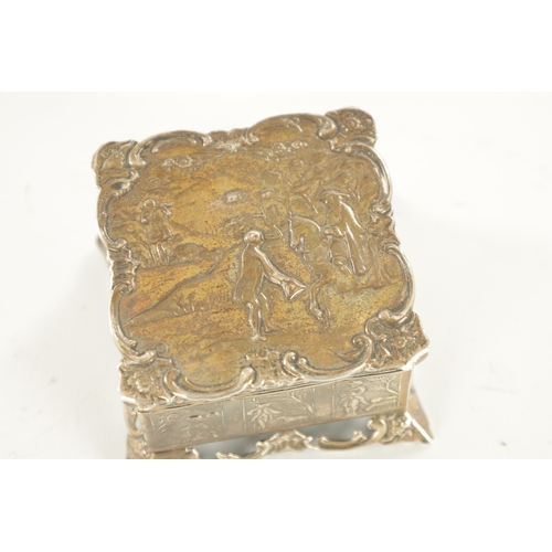 449 - A LATE 19TH CENTURY DUTCH SILVER BOX embossed with classical farming scenes to the edges and hunting... 