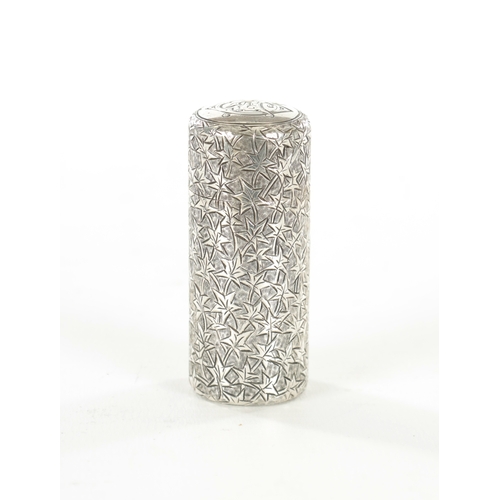 455 - A VICTORIAN BRIGHT CUT CYLINDRICAL SILVER PERFUME BOTTLE with allover interlinking leaf decoration, ... 