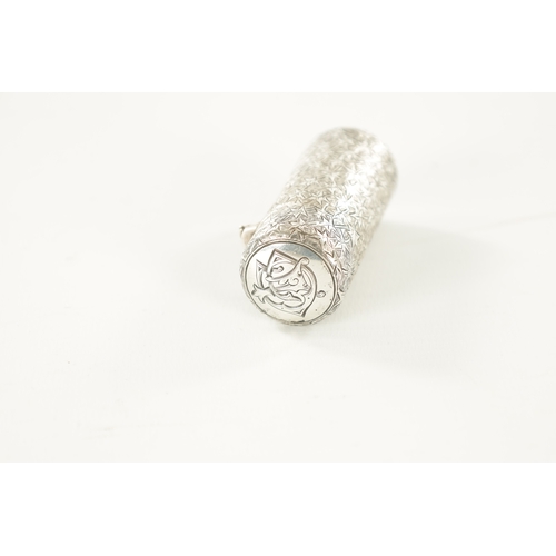 455 - A VICTORIAN BRIGHT CUT CYLINDRICAL SILVER PERFUME BOTTLE with allover interlinking leaf decoration, ... 