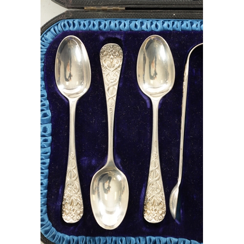 457 - A CASED SET OF LATE 19TH CENTURY SILVER TEA SPOONS AND SUGAR TONGS with chased decoration hallmarked... 