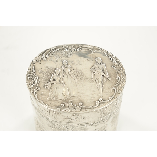 463 - A 19TH CENTURY DUTCH SILVER OVAL TEA CADDY decorated with romantic classical figural garden scenes w... 