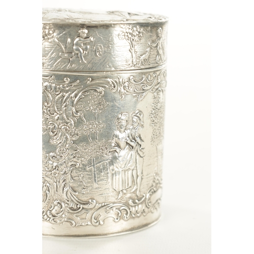 463 - A 19TH CENTURY DUTCH SILVER OVAL TEA CADDY decorated with romantic classical figural garden scenes w... 