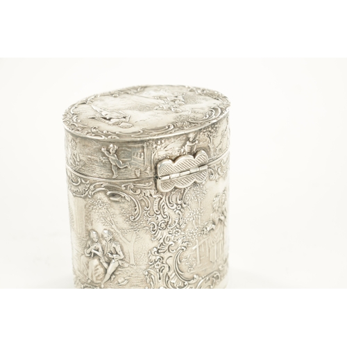 463 - A 19TH CENTURY DUTCH SILVER OVAL TEA CADDY decorated with romantic classical figural garden scenes w... 