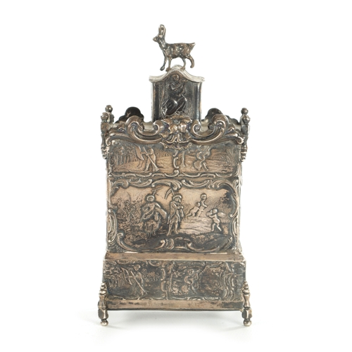 466 - A LATE 19TH CENTURY DUTCH SILVER TEA CADDY AND COVER formed as an 18th Century miniature chest on st... 