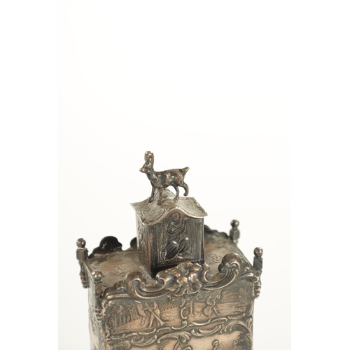 466 - A LATE 19TH CENTURY DUTCH SILVER TEA CADDY AND COVER formed as an 18th Century miniature chest on st... 